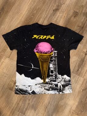 Ice Cream Interstellar Space bbc Graphic Tee - Black with Pink & Gold Cone